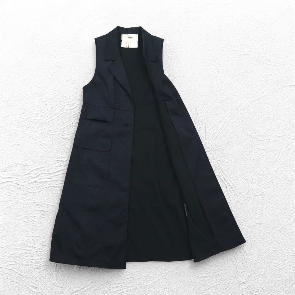 FENDI Made in Italy Sleeveless Coat Long Gilet Dress M Black Acetate