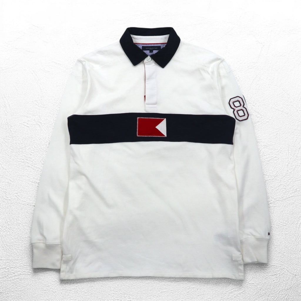 TOMMY HILFIGER SAILING フラッグロゴ ラガーシャツ L ホワイト コットン ナンバリング