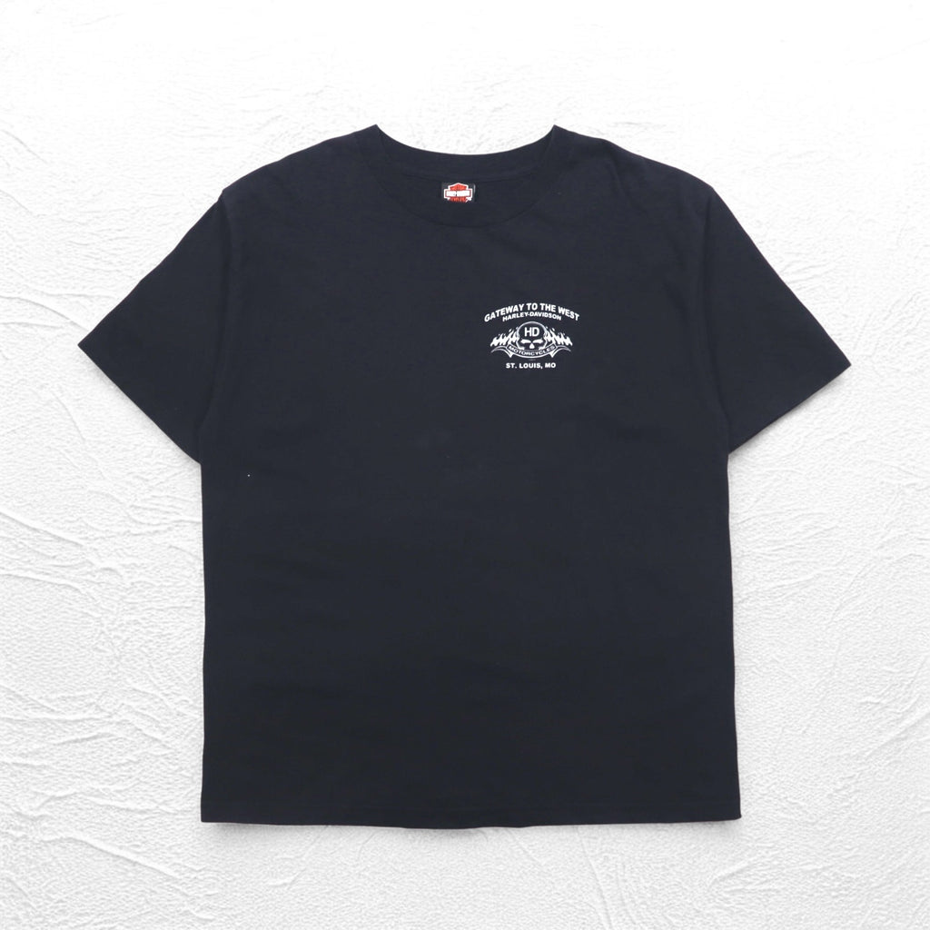 HARLEY DAVIDSON 00s Made in USA Fire Pattern Skull Print T-Shirt 2XL Black Cotton ST LOUIS MO