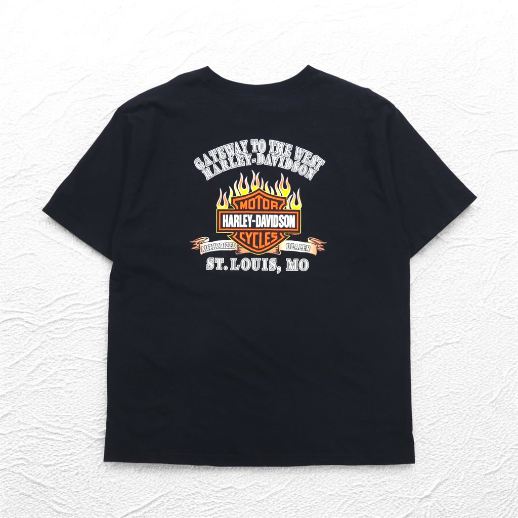 HARLEY DAVIDSON 00s Made in USA Fire Pattern Skull Print T-Shirt 2XL Black Cotton ST LOUIS MO