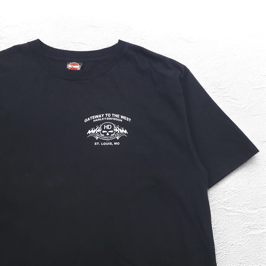 HARLEY DAVIDSON 00s Made in USA Fire Pattern Skull Print T-Shirt 2XL Black Cotton ST LOUIS MO