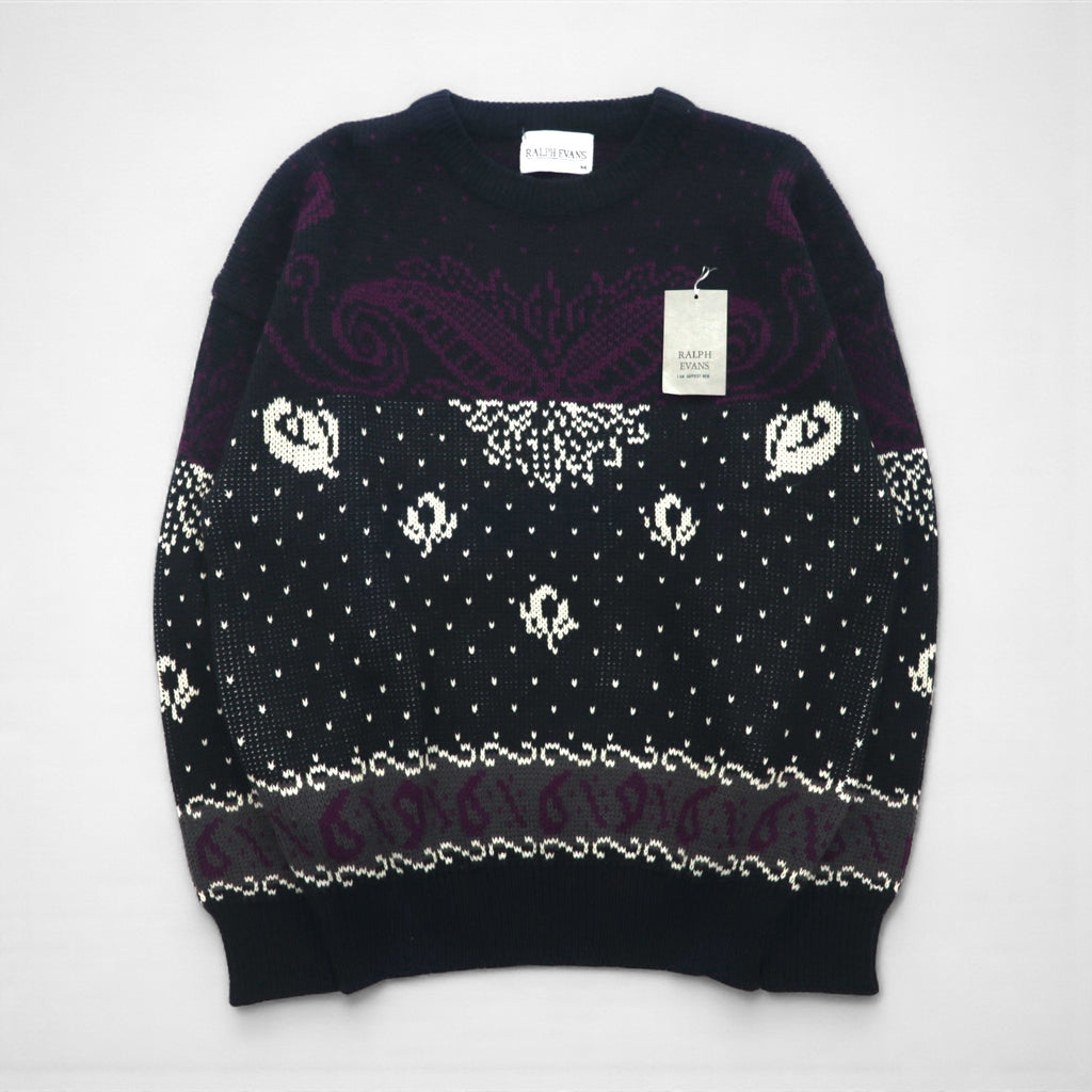 90s Vintage Jacquard Knit Sweater with Bandana Print, Size M, Black, Ralph Evans, Unused