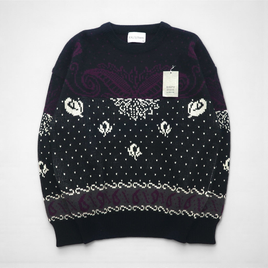 90s Vintage Jacquard Knit Sweater with Bandana Print, Size M, Black, Ralph Evans, Unused