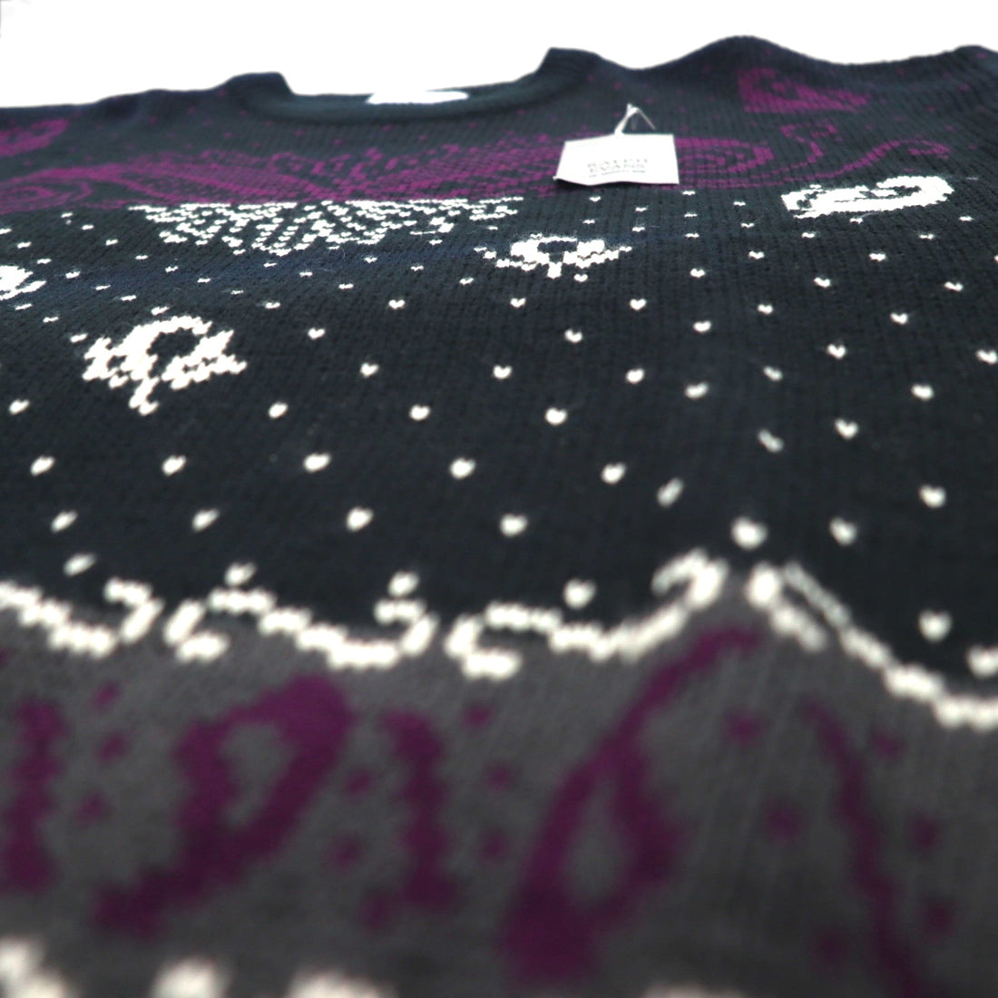 90s Vintage Jacquard Knit Sweater with Bandana Print, Size M, Black, Ralph Evans, Unused
