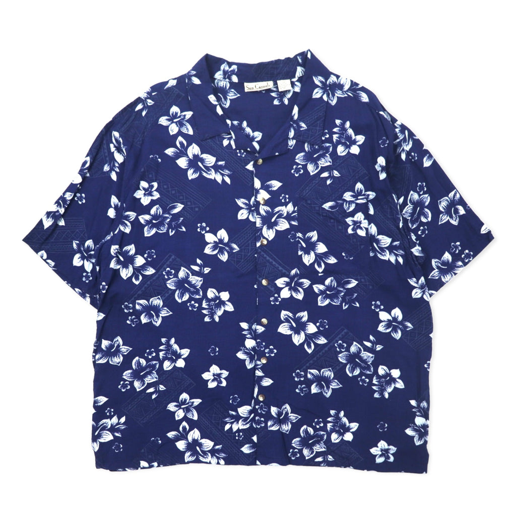 日本然リトテ-古着オンライン-Sun Casuals アロハシャツ オープンカラー 3X ネイビー レーヨン 総柄 ハイビスカス-Sun Casuals Hawaiian Shirt Open Collar 3X Navy Rayon Patterned Hibiscus