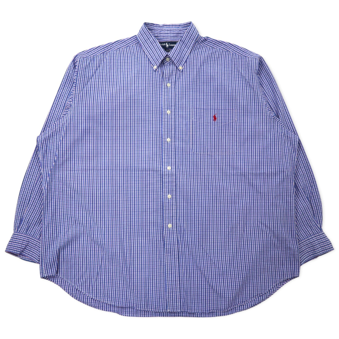 日本然リトテ-古着オンライン-Ralph Lauren ボタンダウンシャツ XXL ブルー チェック コットン BLAIRE スモールポニー刺繍-Ralph Lauren Button-Down SHIRTS XXL Blue Checked Cotton BLAIRE Small Pony Embroidery