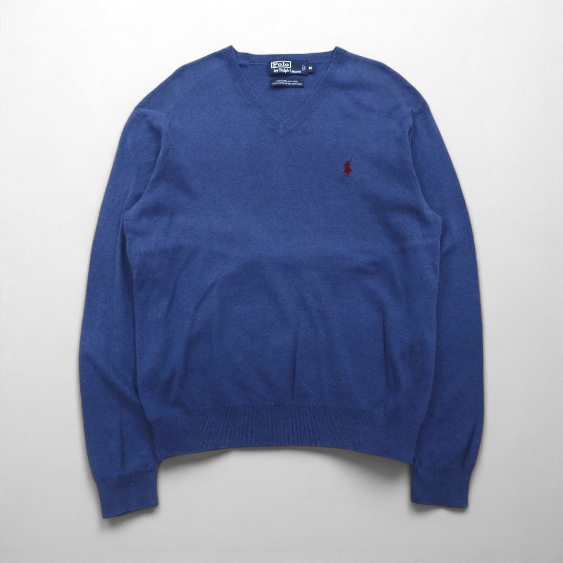 Polo Ralph Lauren 90s V-neck Pima cotton knit sweater, size M, blue, with small pony embroidery