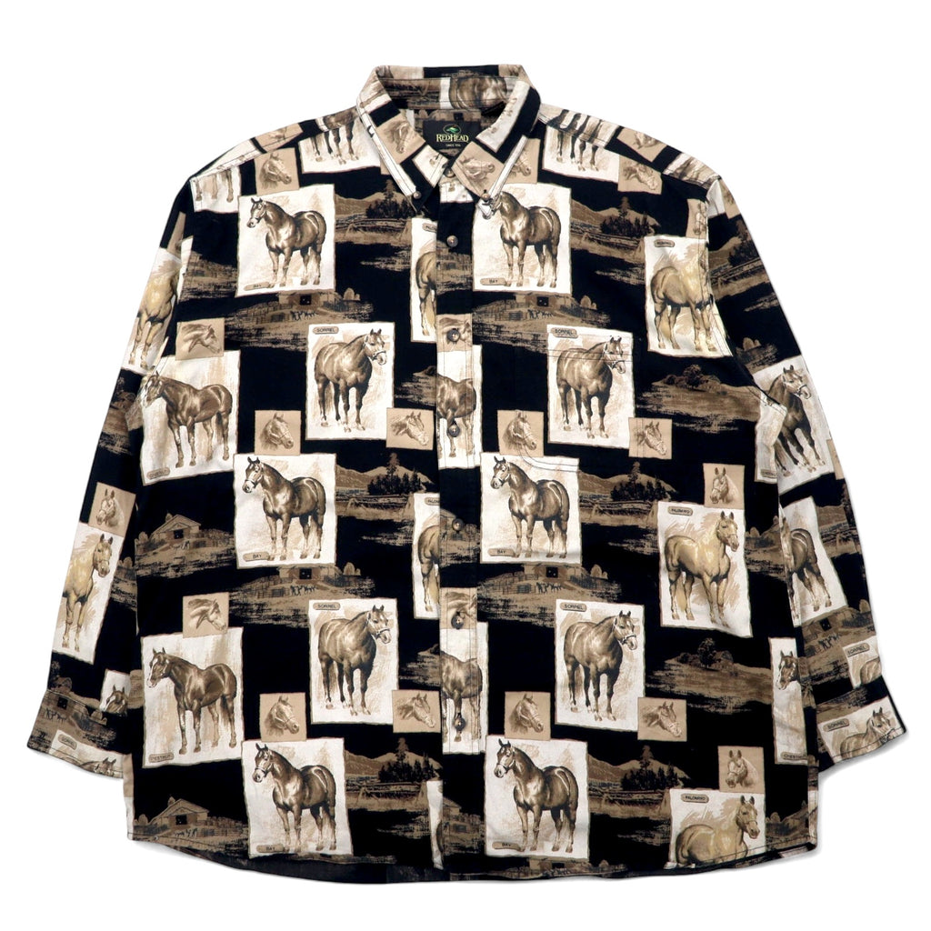 日本然リトテ-古着オンライン-RED HEAD アニマル 総柄 ボタンダウンシャツ XL ブラック コットン 馬-RED HEAD Animal patterned button-down Shirts XL Black Cotton Horse
