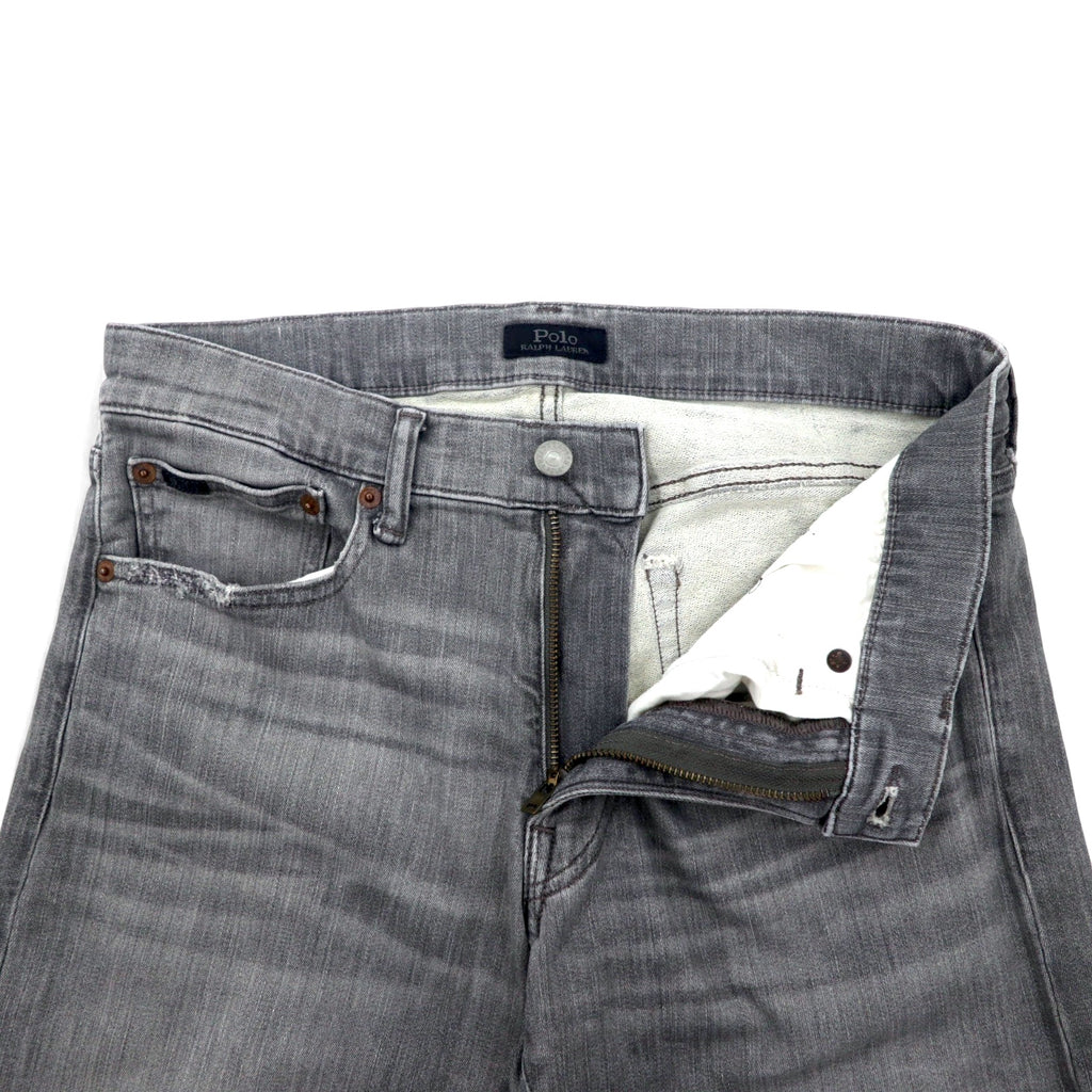 Polo Ralph Lauren distressed skinny jeans, denim pants, size 30, grey, cotton, stretch, leather patch, zipper fly, made in Turkey