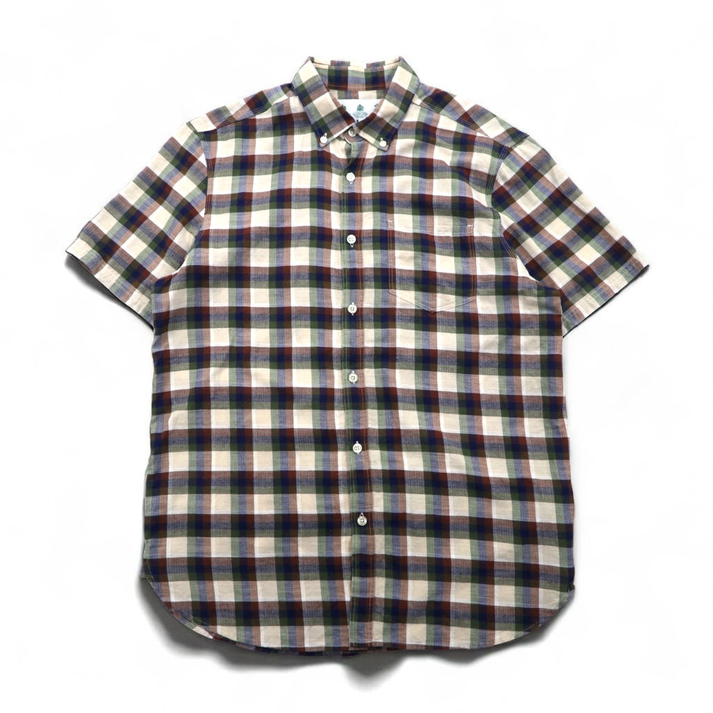 Barbour 半袖 ボタンダウンシャツ M ブラウン チェック コットン MSH5151BE11 ポルトガル製