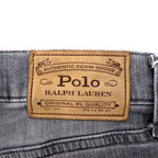 Polo Ralph Lauren distressed skinny jeans, denim pants, size 30, grey, cotton, stretch, leather patch, zipper fly, made in Turkey