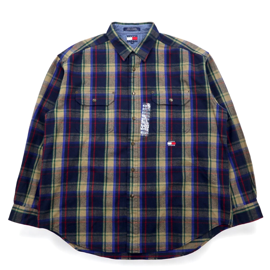 TOMMY JEANS 90s Flannel Shirt XL Navy Check Cotton Snap Button Unused
