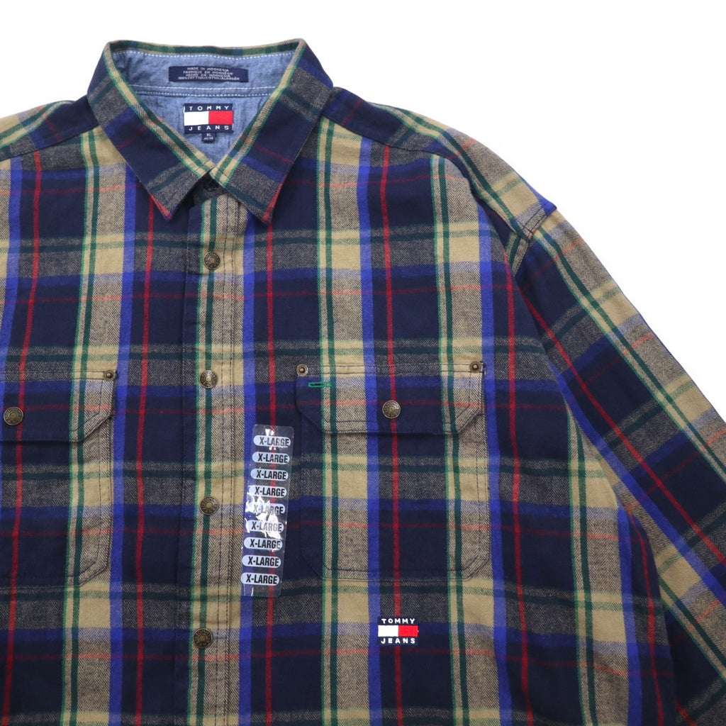 TOMMY JEANS 90s Flannel Shirt XL Navy Check Cotton Snap Button Unused