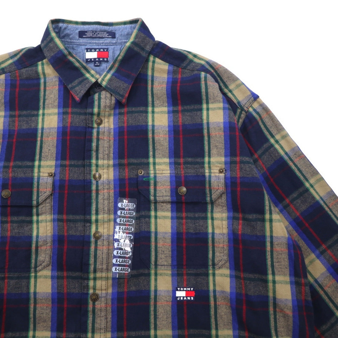 TOMMY JEANS 90s Flannel Shirt XL Navy Check Cotton Snap Button Unused