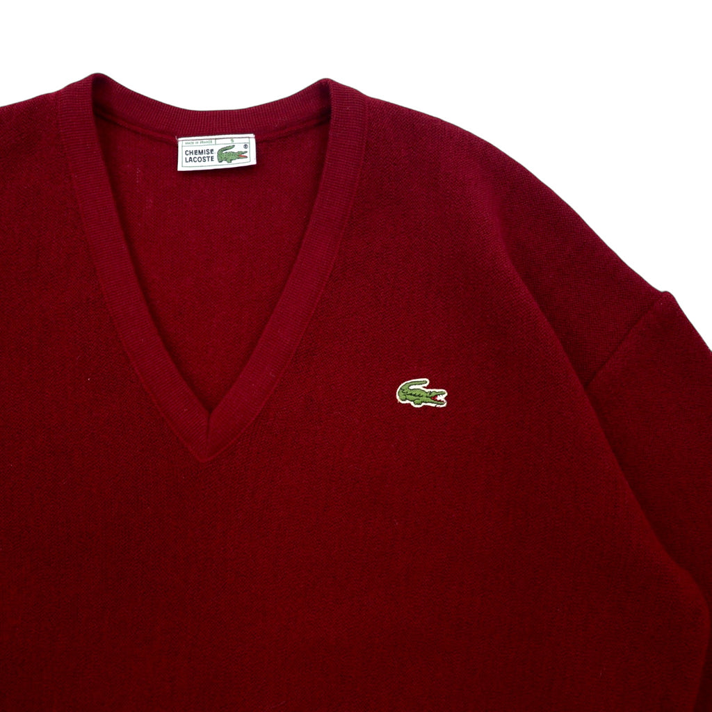 CHEMISE LACOSTE Made in France 80s French Lacoste V-neck knit sweater L Red wool acrylic one-point logo