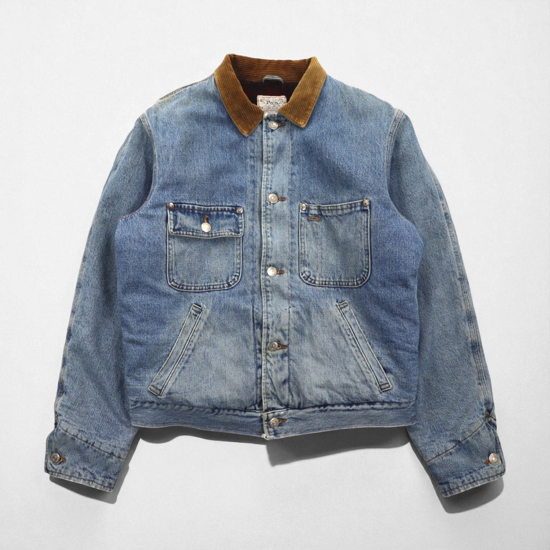Polo Ralph Lauren 1980s USA-made denim jacket, size XL, indigo, corduroy collar, white tag
