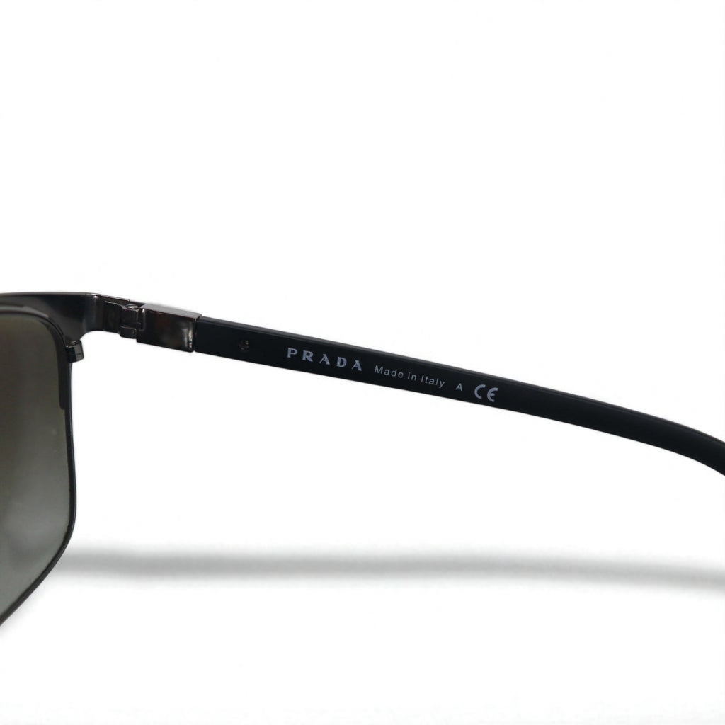 PRADA Wellington Half-Rim Sunglasses, Black/Gunmetal, SPR61S, Size 55◻21, Made in Italy