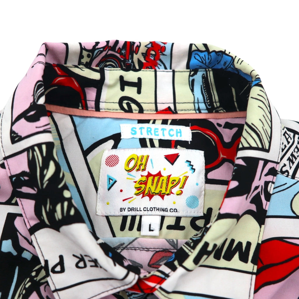OH SNAP BY DRILL CLOTHING Co. アメコミ 半袖 シャツ L マルチカラー 総柄 ポップアート ストレッチ