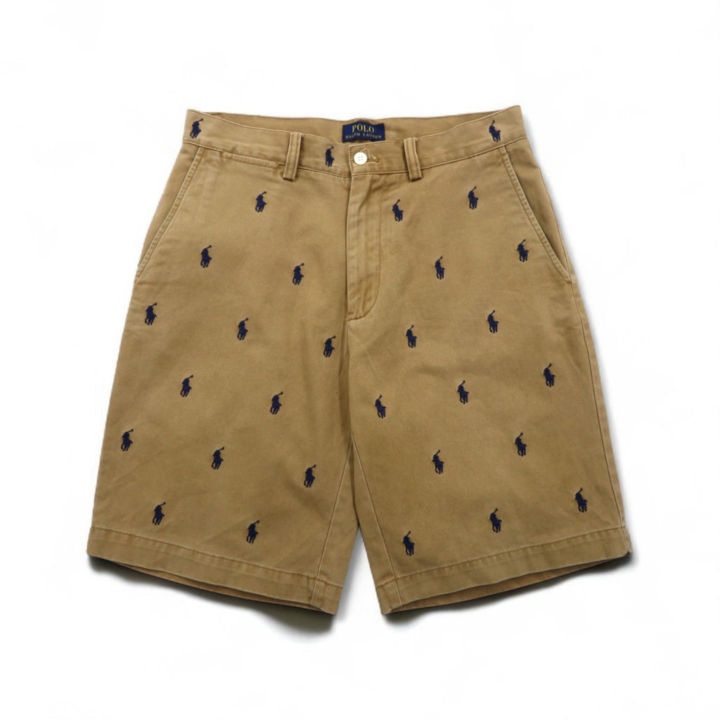 POLO RALPH LAUREN All-Over Pony Embroidered Short Chino Pants, Size S, Beige Cotton