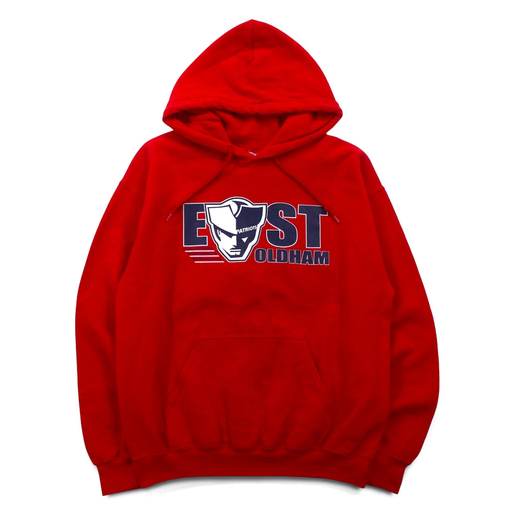 GILDAN Pullover Hoodie M Red Cotton Fleece Lining EAST PATRIOTS OLDHAM
