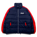 日本然リトテ-古着オンライン-FILA 90年代 ダウンジャケット M ネイビー ポリエステル サイドライン ワンポイントロゴ 刺繍-FILA 90's Puffer Jacket M Navy Polyester Side Line One Point Logo Embroidery