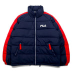 日本然リトテ-古着オンライン-FILA 90年代 ダウンジャケット M ネイビー ポリエステル サイドライン ワンポイントロゴ 刺繍-FILA 90's Puffer Jacket M Navy Polyester Side Line One Point Logo Embroidery