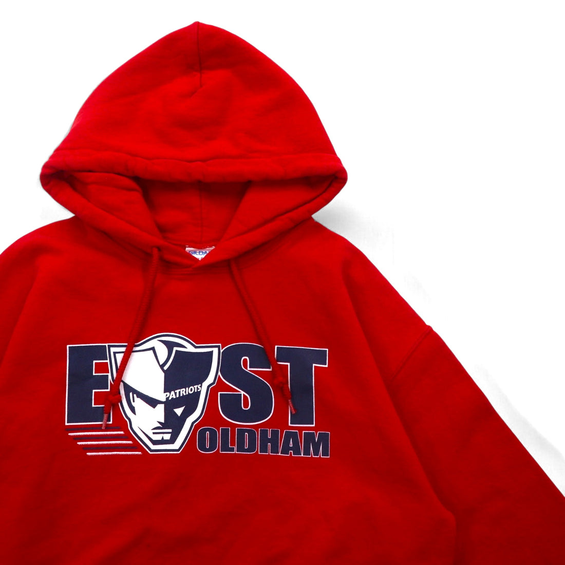 GILDAN Pullover Hoodie M Red Cotton Fleece Lining EAST PATRIOTS OLDHAM