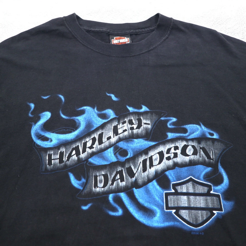 HARLEY DAVIDSON 00s Made in USA Blue Fire Pattern Double-Sided Print T-Shirt 2XL Black SOMERSET Big Size