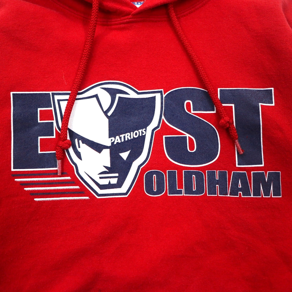 GILDAN Pullover Hoodie M Red Cotton Fleece Lining EAST PATRIOTS OLDHAM