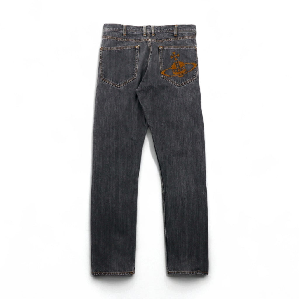 VIVIENNE WESTWOOD MAN Orb Embroidered Denim Pants, Size M, Gray, Cotton, Made in Japan