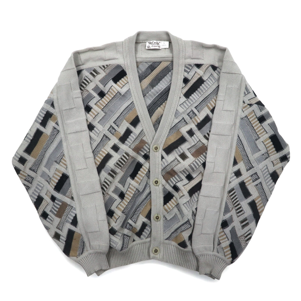 USA made 90s St. Croix jacquard 3D knit cardigan, XL, beige, wool, geometric pattern