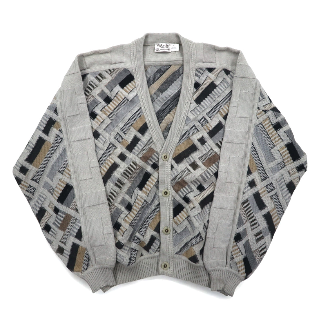 USA made 90s St. Croix jacquard 3D knit cardigan, XL, beige, wool, geometric pattern