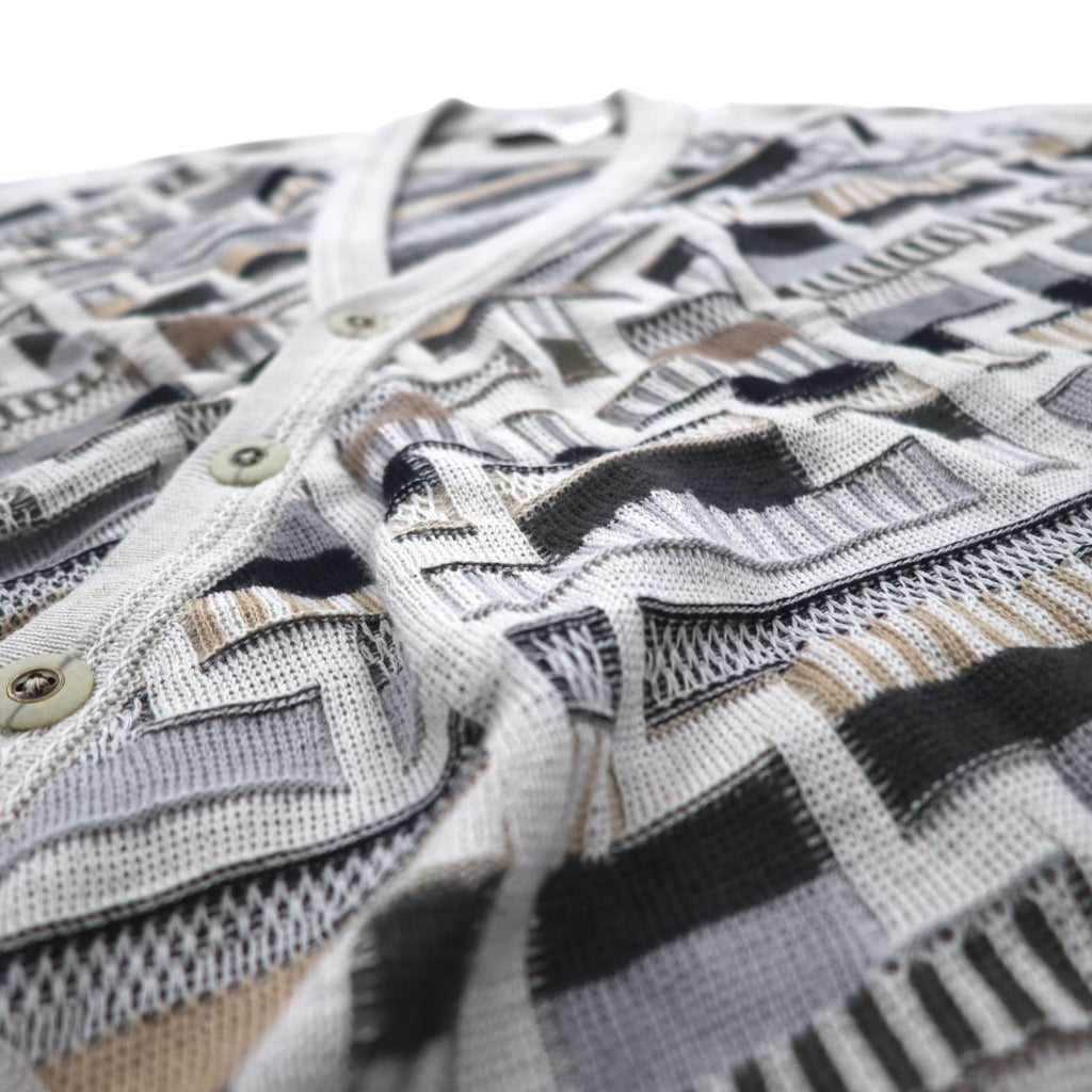 USA made 90s St. Croix jacquard 3D knit cardigan, XL, beige, wool, geometric pattern