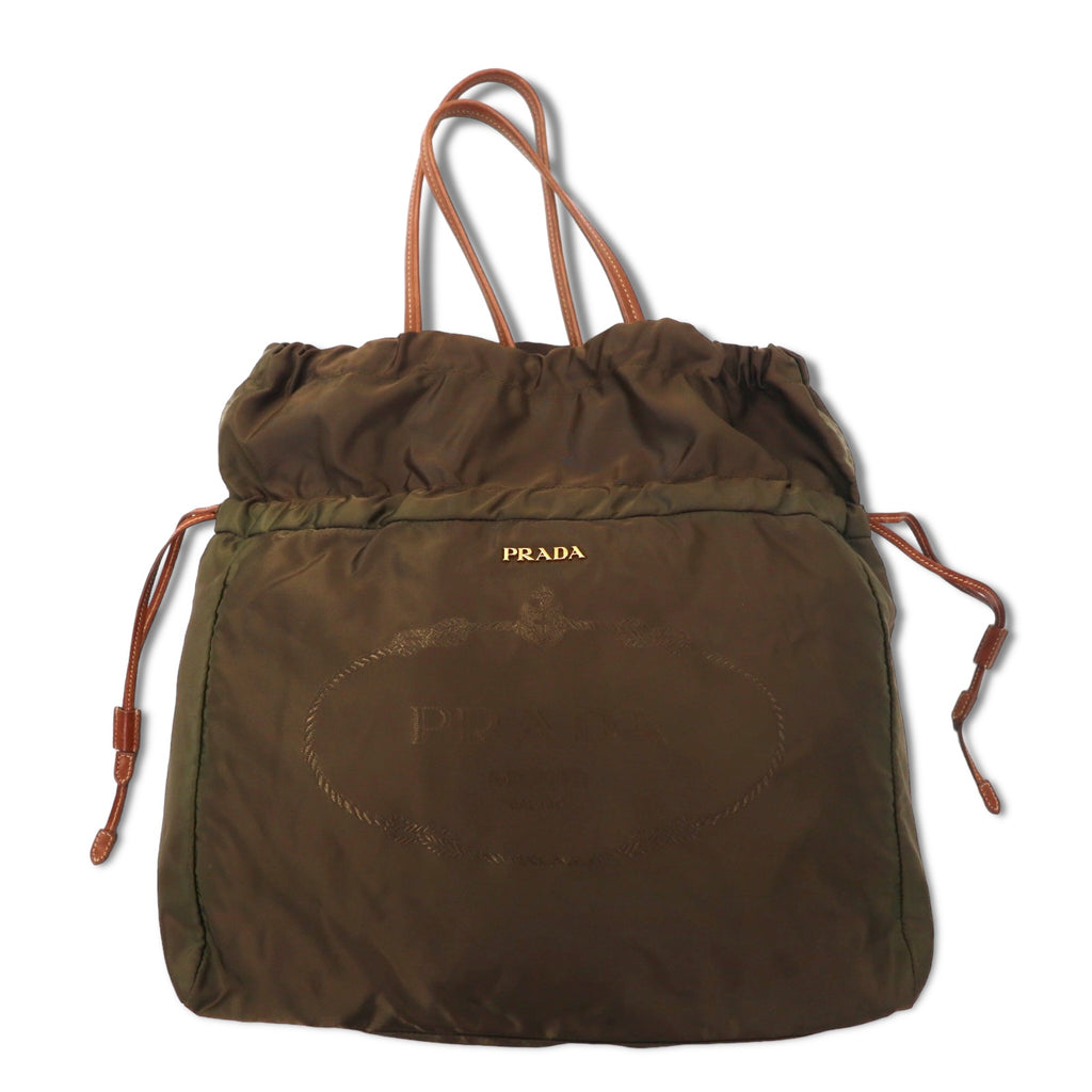 PRADA Jacquard Drawstring Tote Bag Shoulder Bag Khaki Nylon Logo Print