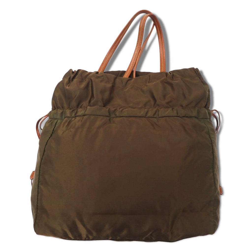 PRADA Jacquard Drawstring Tote Bag Shoulder Bag Khaki Nylon Logo Print