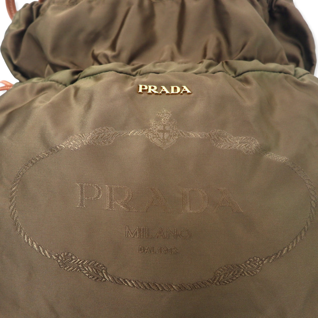 PRADA Jacquard Drawstring Tote Bag Shoulder Bag Khaki Nylon Logo Print