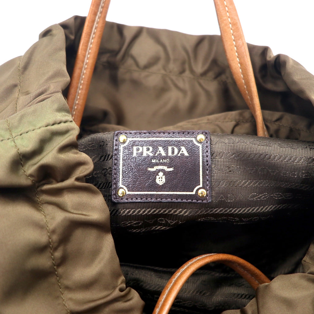 PRADA Jacquard Drawstring Tote Bag Shoulder Bag Khaki Nylon Logo Print