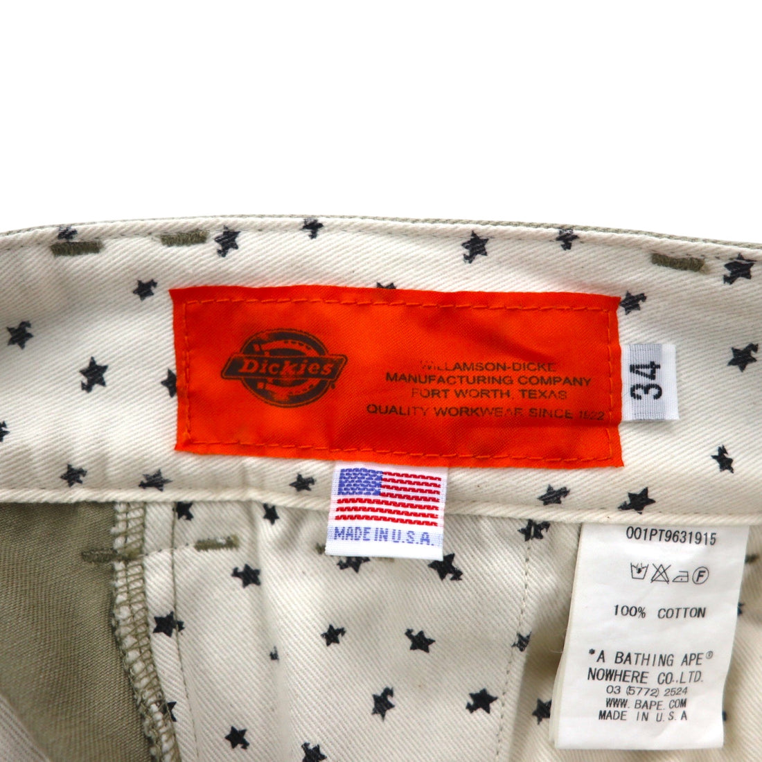 A BATHING APE x Dickies USA-Made Work Chino Pants, Size M, Beige, TALON Zip, 001PT9631915