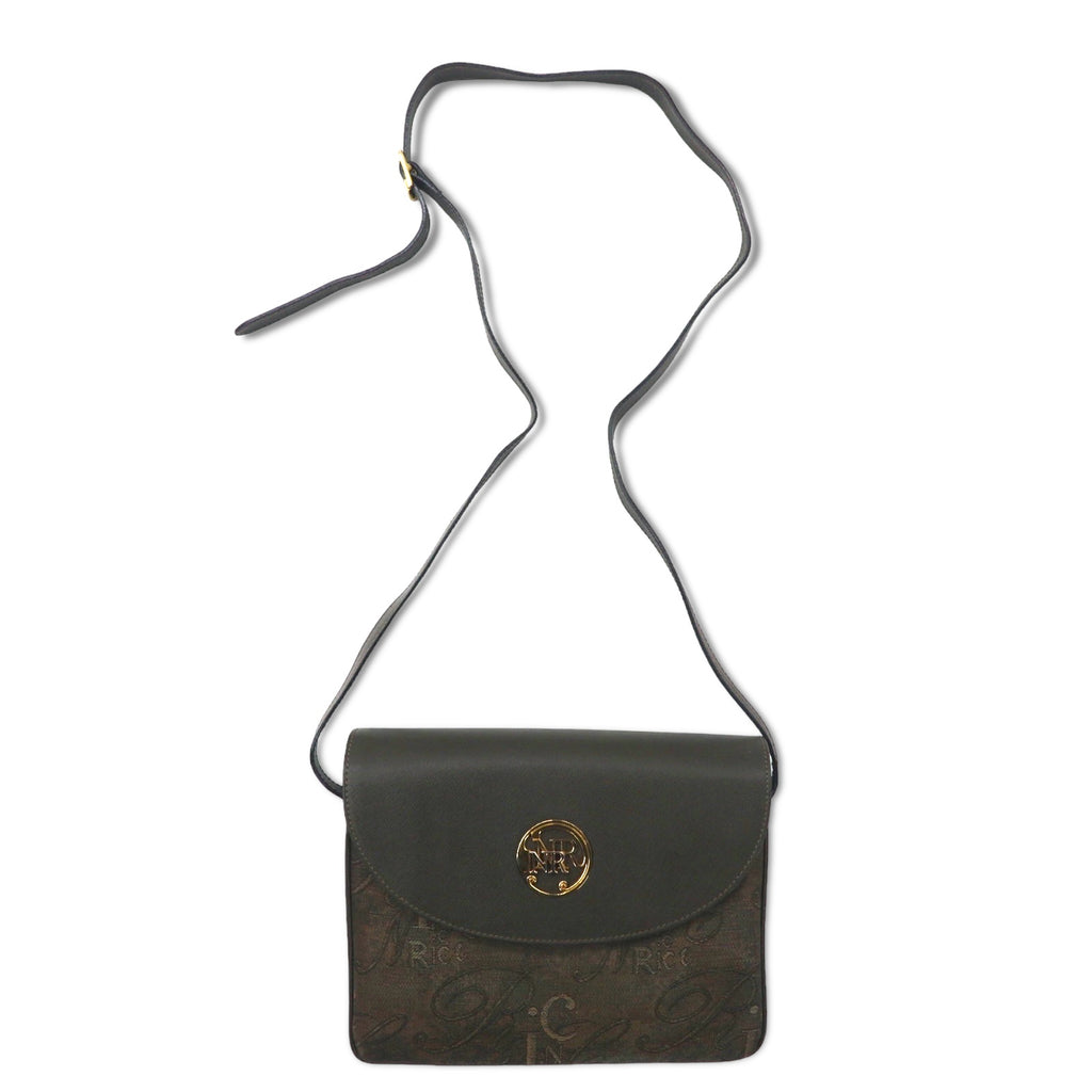 日本然リトテ-古着オンライン-NINA RICH イタリア製 レトロ ショルダーバッグ カーキ PVC ジャガード 総柄 ロゴ-NINA RICH Italy Made Retro Shoulder Bag Khaki PVC Jacquard Patterned Logo