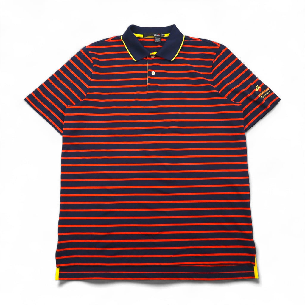 RLX RALPH LAUREN ストレッチメッシュ ポロシャツ L ボーダー ネイビー オレンジ ポリエステル