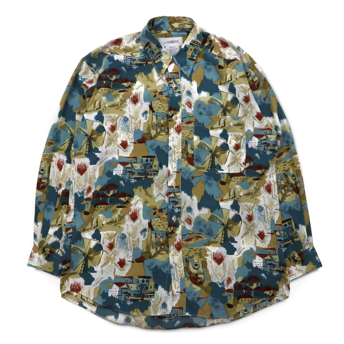 Vintage 90s Japan Made Retro Shirt mio SIROCCO Poly Shirt M Multicolor All-over Pattern Art