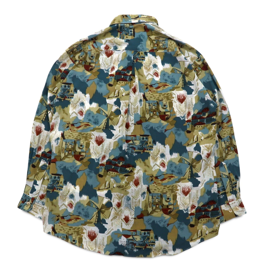 Vintage 90s Japan Made Retro Shirt mio SIROCCO Poly Shirt M Multicolor All-over Pattern Art