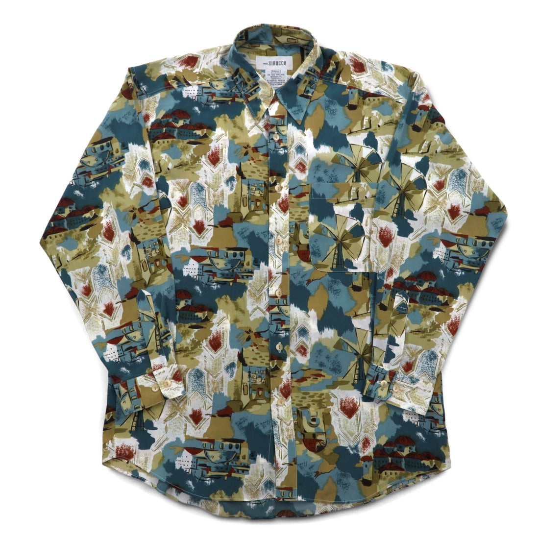 Vintage 90s Japan Made Retro Shirt mio SIROCCO Poly Shirt M Multicolor All-over Pattern Art