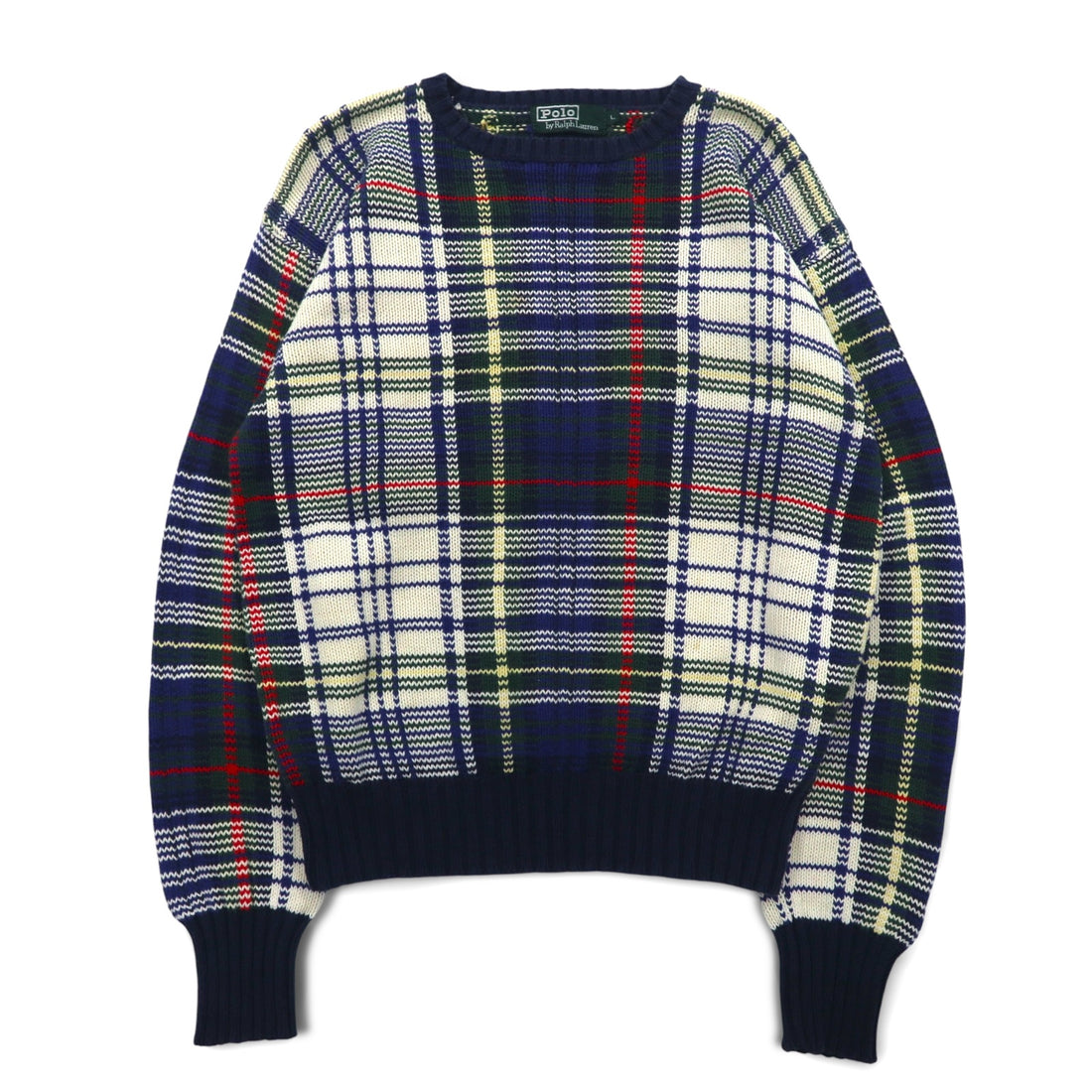 Polo by Ralph Lauren 90s Cotton Knit Sweater L Navy Tartan Check