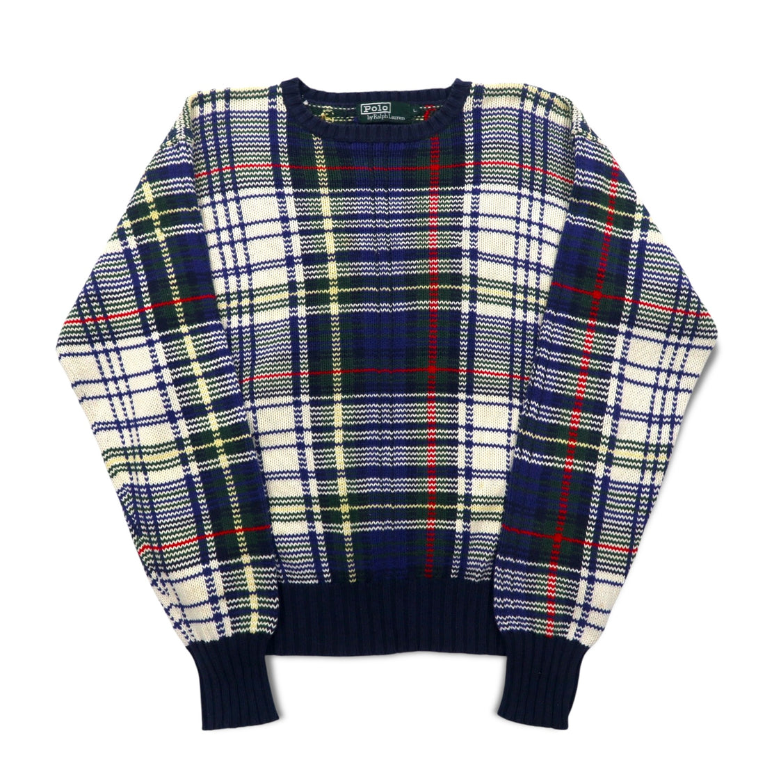 Polo by Ralph Lauren 90s Cotton Knit Sweater L Navy Tartan Check