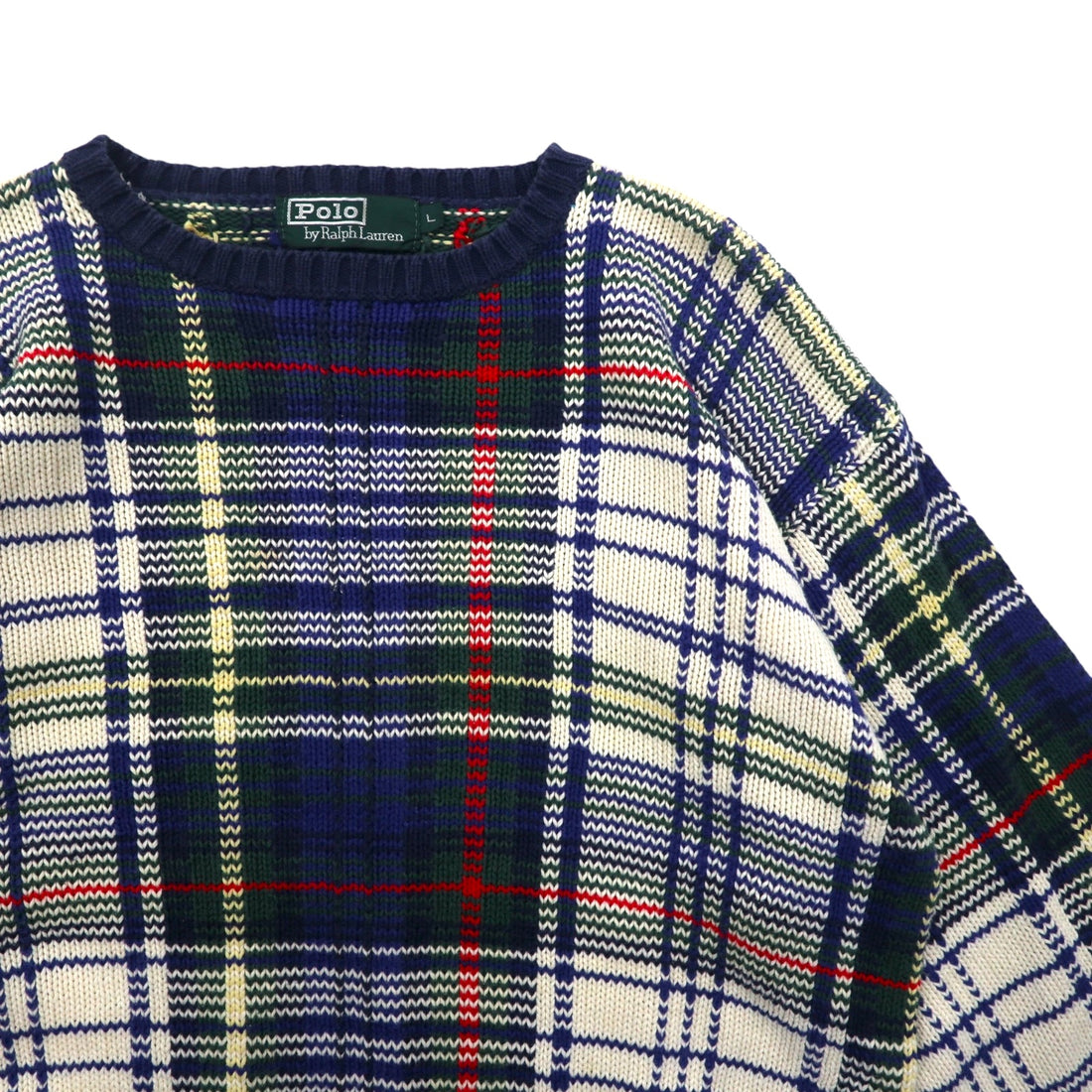 Polo by Ralph Lauren 90s Cotton Knit Sweater L Navy Tartan Check