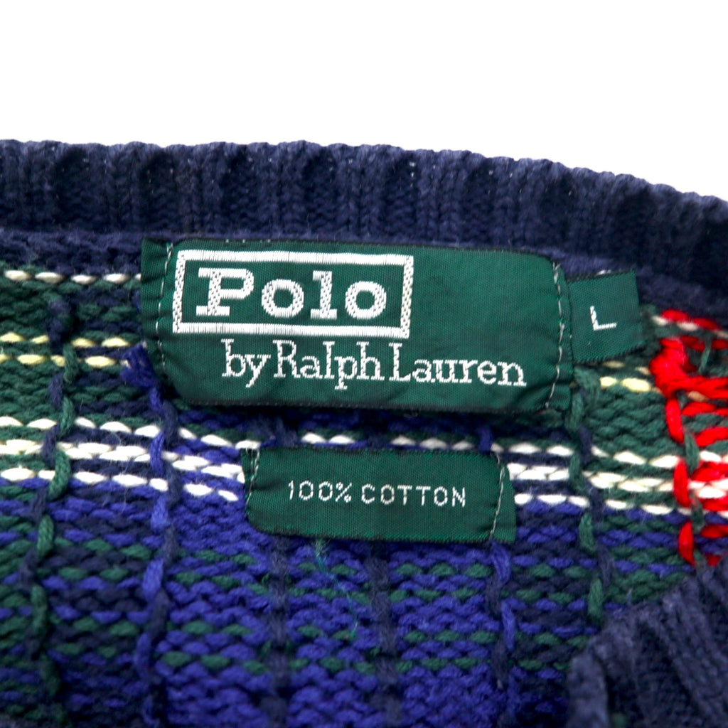Polo by Ralph Lauren 90s Cotton Knit Sweater L Navy Tartan Check