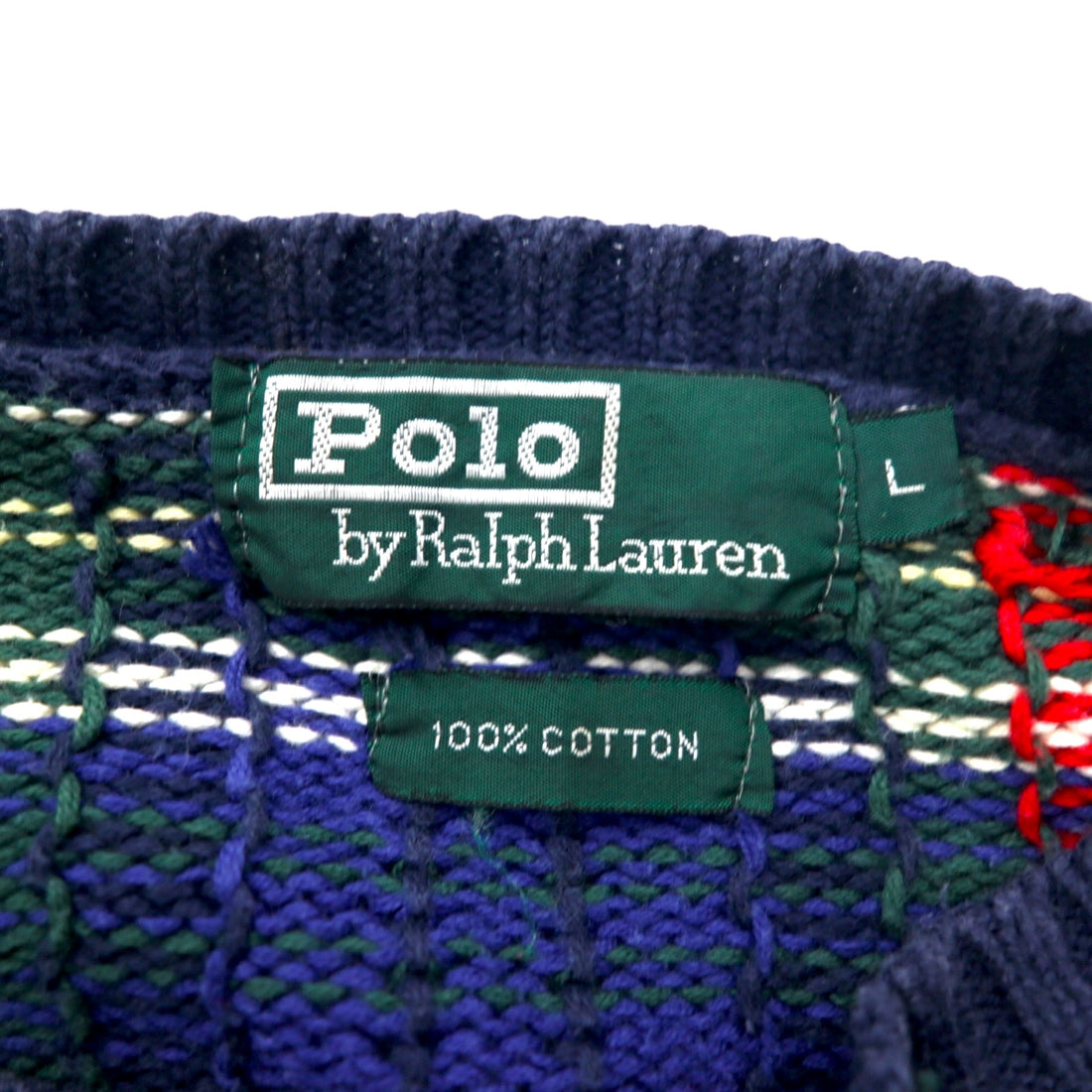 Polo by Ralph Lauren 90s Cotton Knit Sweater L Navy Tartan Check