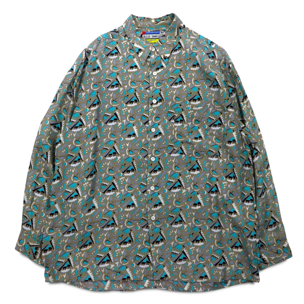Vintage 90s Retro Shirt JESSE JAMES All-over Print Shirt L Grey Cupra Chest Pocket