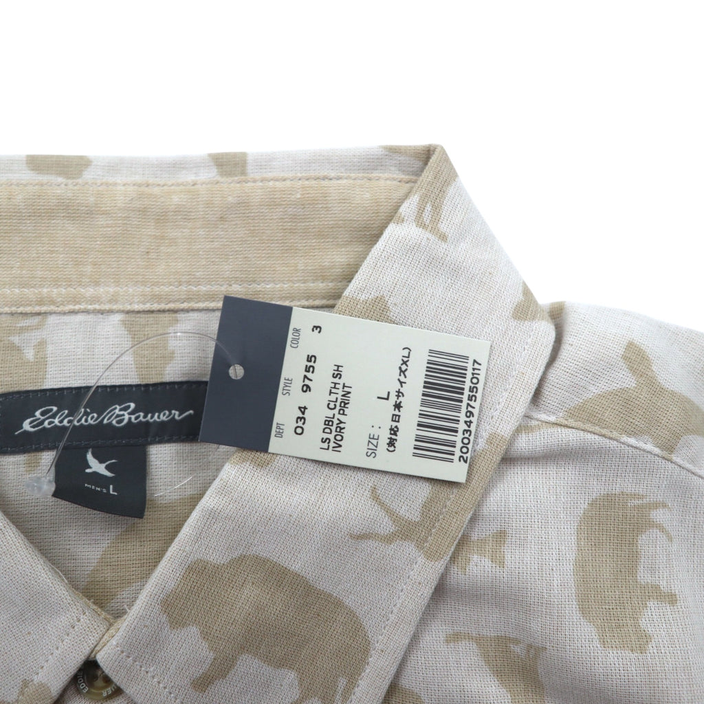 Eddie Bauer ボタンダウンシャツ L ベージュ コットン 総柄 アニマル 未使用品